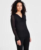 Bar Iii Petite Long-Sleeve Cowlneck Mesh Top, Created for Macy's