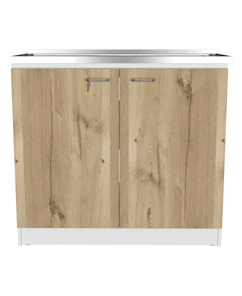 Simplie Fun Brookline Rectangle 2-Door Utility Sink And Cabinet White And Smokey Oak