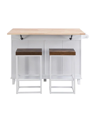 Simplie Fun Farmhouse Kitchen Island Set With Drop Leaf And 2 Seatings, Dining Table Set With Storage