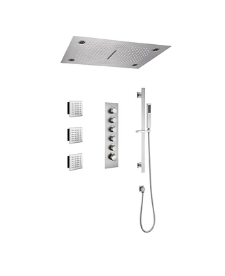 Mondawe Free Combination Handles 3 Functions 5 Sprays Flush Ceiling Mounteded Luxury Led and Music Thermostatic Shower System with 3 Body Jets and Sli