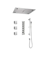 Mondawe Free Combination Handles 3 Functions 5 Sprays Flush Ceiling Mounteded Luxury Led and Music Thermostatic Shower System with 3 Body Jets and Sli