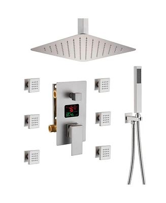 Mondawe Temperature Digital Display 3 Functions Ceiling Mounted Thermostatic Shower System with 6 Body Jets and Rough-in Valve Brushed Nickel