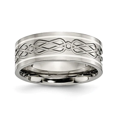 Chisel Titanium Sterling Silver Inlay Celtic Knot Flat Band Ring