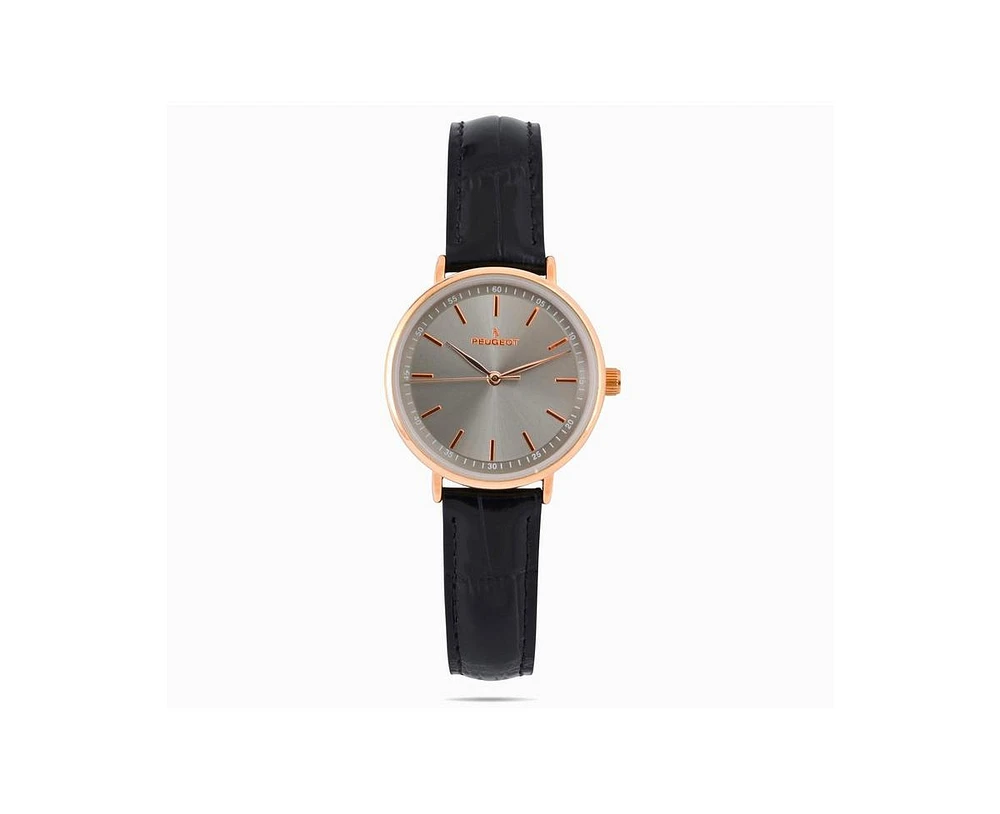 Peugeot Women's 30mm Rose Gold Case Watch with Black Genuine Leather Band