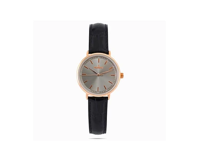 Peugeot Women's 30mm Rose Gold Case Watch with Black Genuine Leather Band