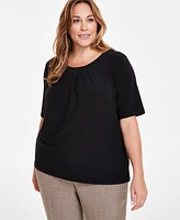 Kasper Plus Solid Pleat-Front Short-Sleeve Blouse