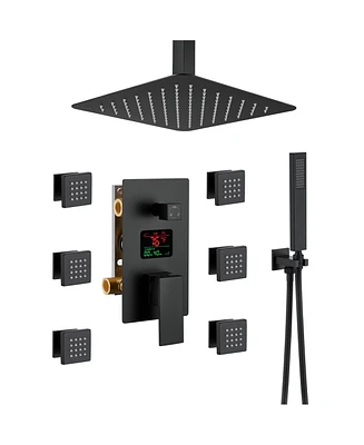 Mondawe Temperature Digital Display 3 Functions Ceiling Mounted Thermostatic Shower System with 6 Body Jets and Rough-in Valve in Matte Black