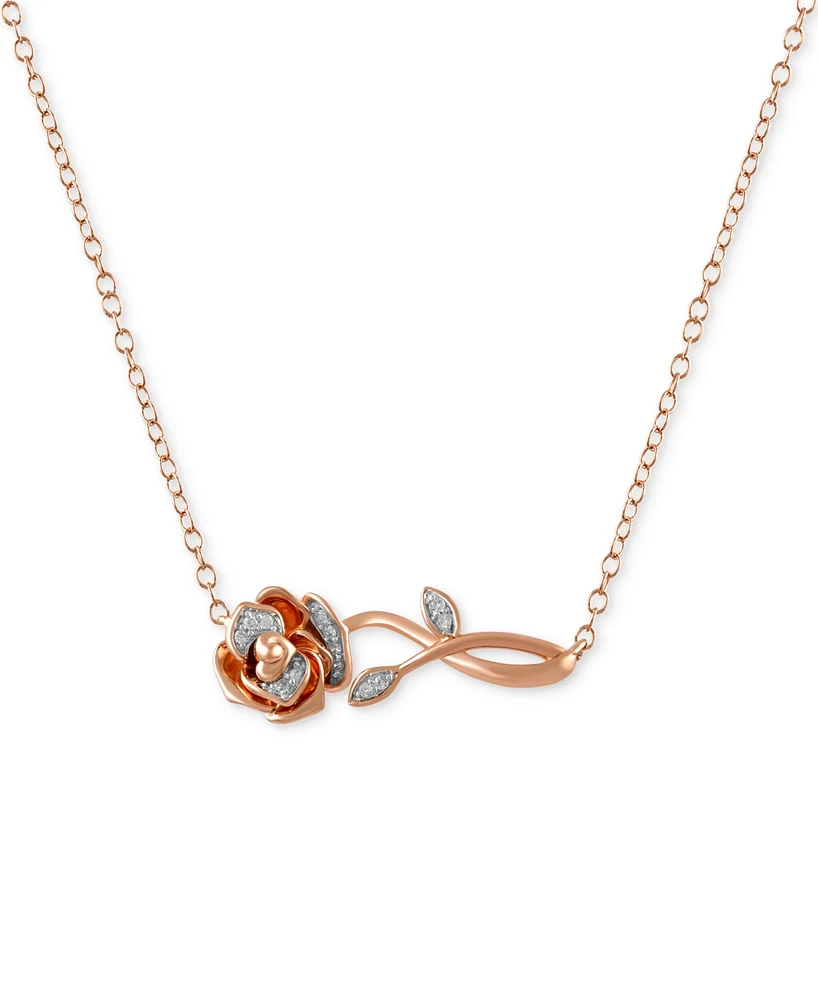 Diamond Belle Rose & Stem Pendant Necklace (1/20 ct. t.w.) in Rose Gold-Plated Sterling Silver, 16" + 2" extender - Rose Gold