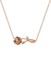 Diamond Belle Rose & Stem Pendant Necklace (1/20 ct. t.w.) in Rose Gold-Plated Sterling Silver, 16" + 2" extender - Rose Gold