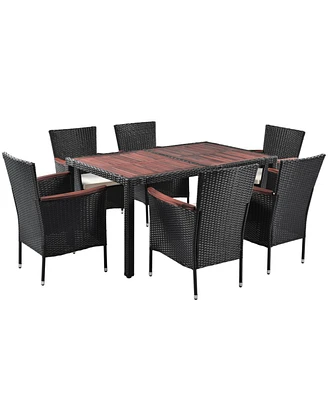 Simplie Fun 7-Piece Patio Dining Set, Rattan Wicker, Acacia Wood