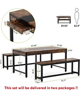 Tribesigns 63 Inch Large Dining Table Set for 4 to 6, Kitchen Breakfast Table with 2 Benches & Sided Drawer, 3-Piece Modern Industrial Bar Table Furni