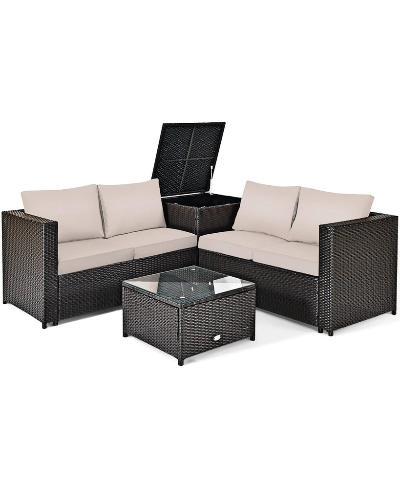 Gymax 4PCS Cushioned Rattan Patio Conversation Set w/ Coffee Table Side Table