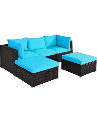 Gymax 5PCS Cushioned Rattan Patio Conversation Set Outdoor Furniture Set w/ Ottoman