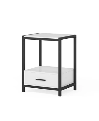 Tribesigns Nightstand Tall Side Table, Modern Simple Style End Table with Drawer and Shelf, Tempered Glass Bedside Table, Metal Frame, Black and White