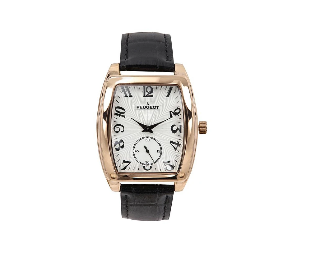 Peugeot Men's Vintage 49mm x 38mm Rose Gold Tonneau Shaped Watch with Black Leather Band