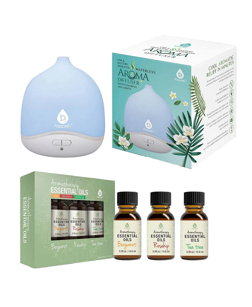 Pursonic Usb & Battery Operated Waterless Aroma Diffuser + Aromatherapy Essential Oils - Assorted Pre