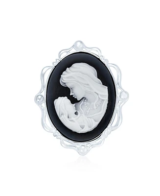 Bling Jewelry Classic Black White Carved Oval Framed Victorian Lady Portrait Mother and Child Cameo Pendant & Brooch Necklace For Women Mother .925 St