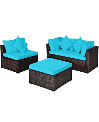 Gymax 4PCS Rattan Patio Conversation Furniture Set Yard Outdoor w/ Turquoise Cushion