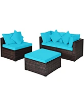 Gymax 4PCS Rattan Patio Conversation Furniture Set Yard Outdoor w/ Turquoise Cushion