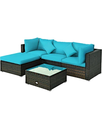 Gymax 5PCS Rattan Patio Conversation Set Outdoor Furniture Set w/ Ottoman Turquoise Cushion
