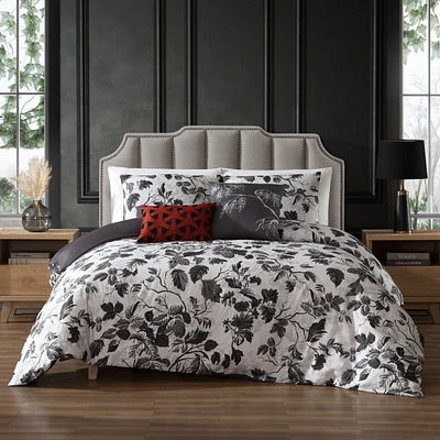 Bebejan Grey Leaves Bedding 200 Thread Count 100% Cotton Sateen 5 Piece Reversible Queen Comforter Set