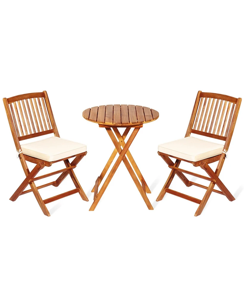 Gymax 3PCS Folding Acacia Wood Bistro Set Patio Conversation Set w/ Cushions