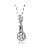 Rachel Glauber White Gold Plated with Double Halo Drop Solitaire Pendant Necklace