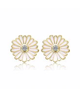 GiGiGirl Teens 14k Yellow Gold Plated with Cubic Zirconia White Enamel Blooming Daisy Flower Stud Earrings