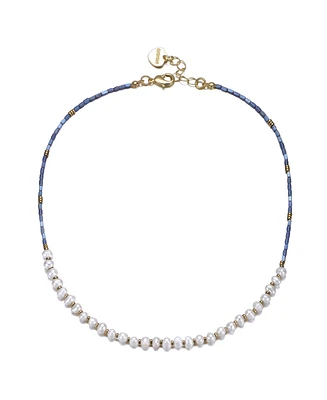 GiGiGirl 14k Yellow Gold Plated Light Blue Mineral Beads Bracelet with Freshwater Pearls for Kids/Teens