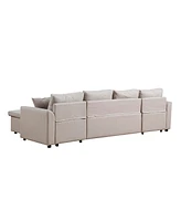 Streamdale Furniture U-Shape Pullout Sleeper Sectional Sofa With Double Storage Spaces, Beige