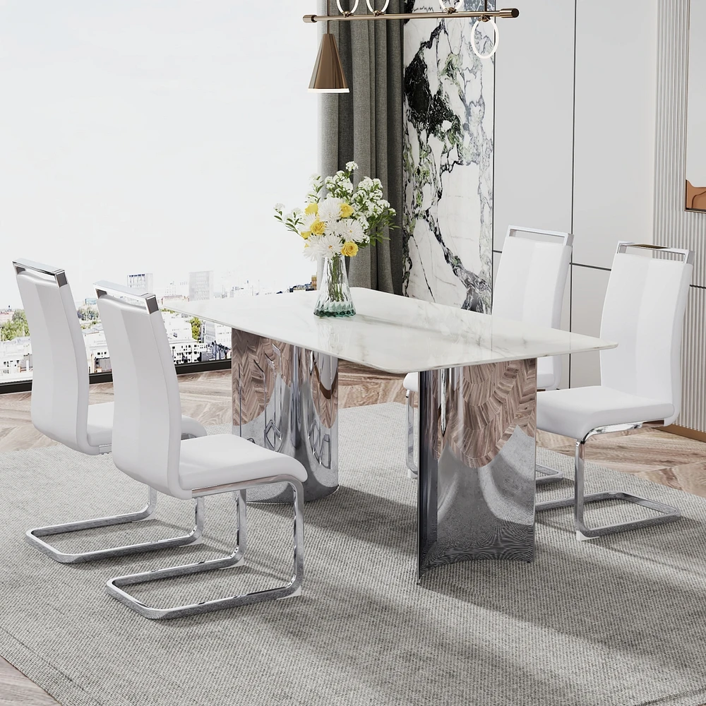 Simplie Fun Minimalist Dining Set with Imitation Marble Glass Top