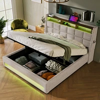 Queen Upholstered Platform Bed with Storage, Led, Usb
