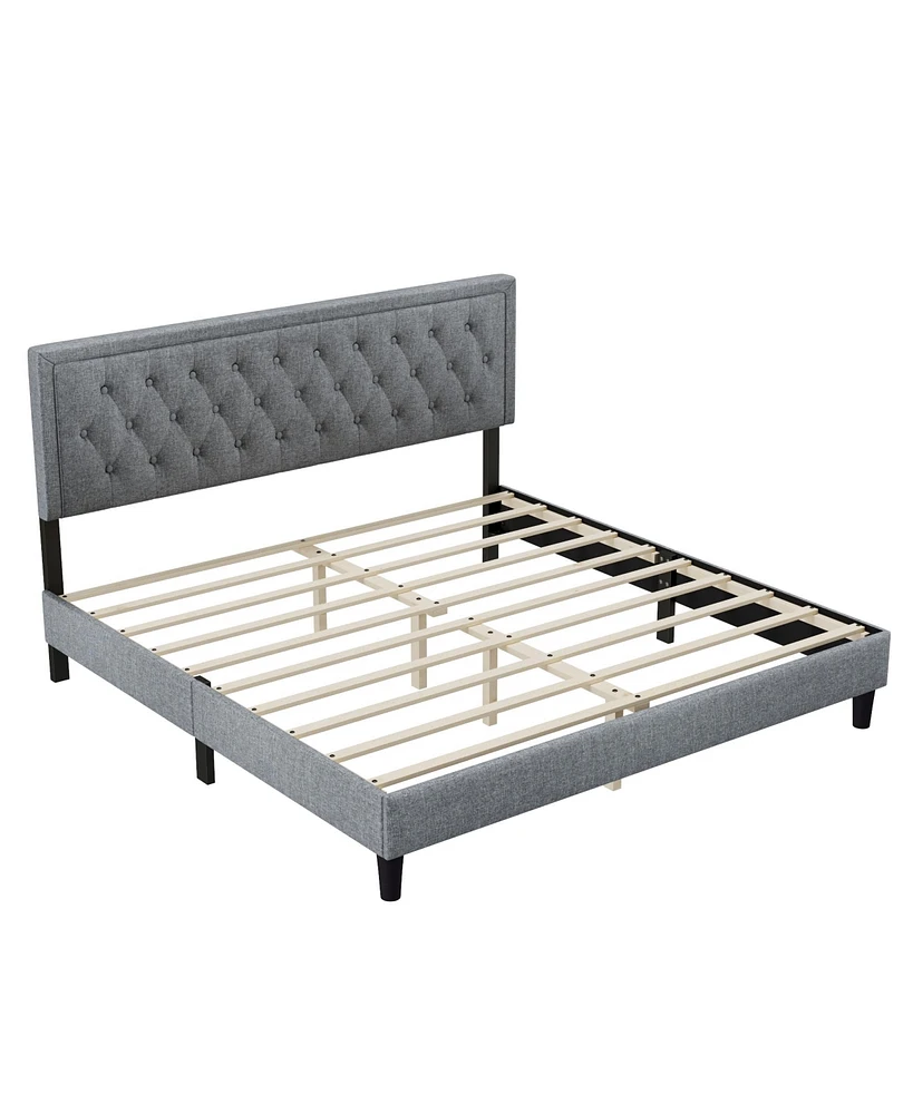 Simplie Fun Adjustable Button-Tufted Panel Bed Frame, Light Grey