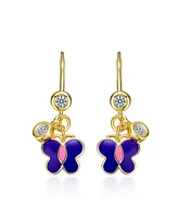 GiGiGirl 14k Yellow Gold Plated Butterfly Dangling earrings with Purple Enamel and Clear Cubic Zirconia for Kids