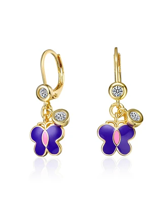 GiGiGirl 14k Yellow Gold Plated Butterfly Dangling earrings with Purple Enamel and Clear Cubic Zirconia for Kids