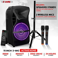 5 Core 15 Inch Tws Pair Bluetooth Party Speakers 800 Watt Portable Karaoke Pa System Rechargeable Loud Speaker + Tripod Stand 2x Wireless Mics Led Lig