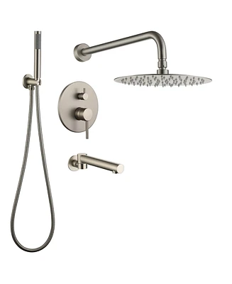 Mondawe 10-Inch Three-function Wall-mounted Round Shower Set With Swivel Bathtub Spout Brushed Gold