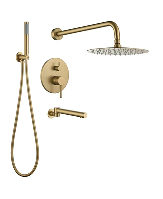 Mondawe 10-Inch Three-function Wall-mounted Round Shower Set With Swivel Bathtub Spout Brushed Gold