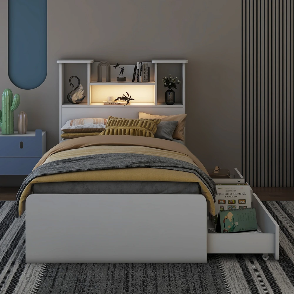 Streamdale Furniture Twin Size Storage Platform Bed Frame With 4 Open Storage Shelves And 2 Storage Drawers, Led Light