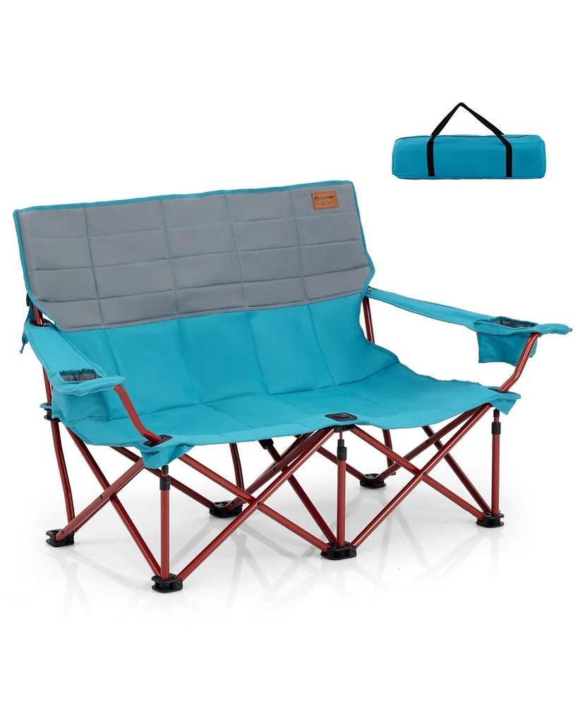 Gymax Oversized Camping Chair Folding Loveseat Camping Couch w/ Cup Holders & Padding