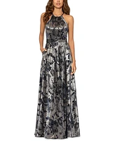 Betsy & Adam Metallic Floral Halter Gown