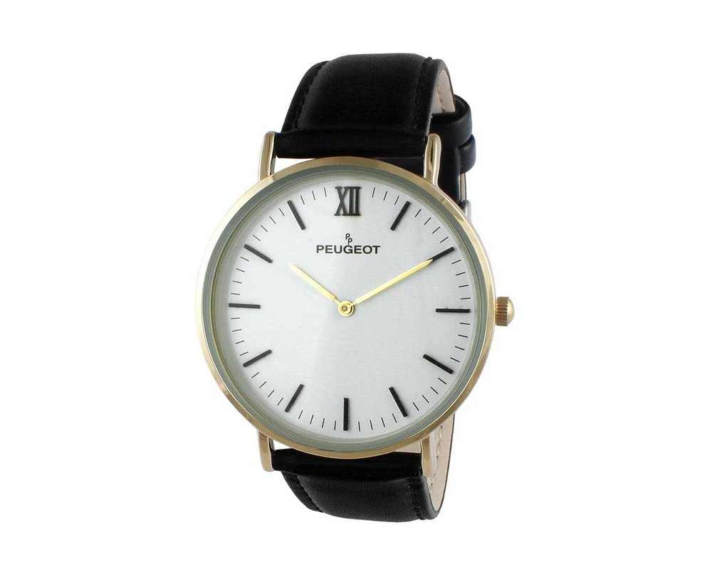 Peugeot Men's White Dial Super Slim Watch with Black Leather Band