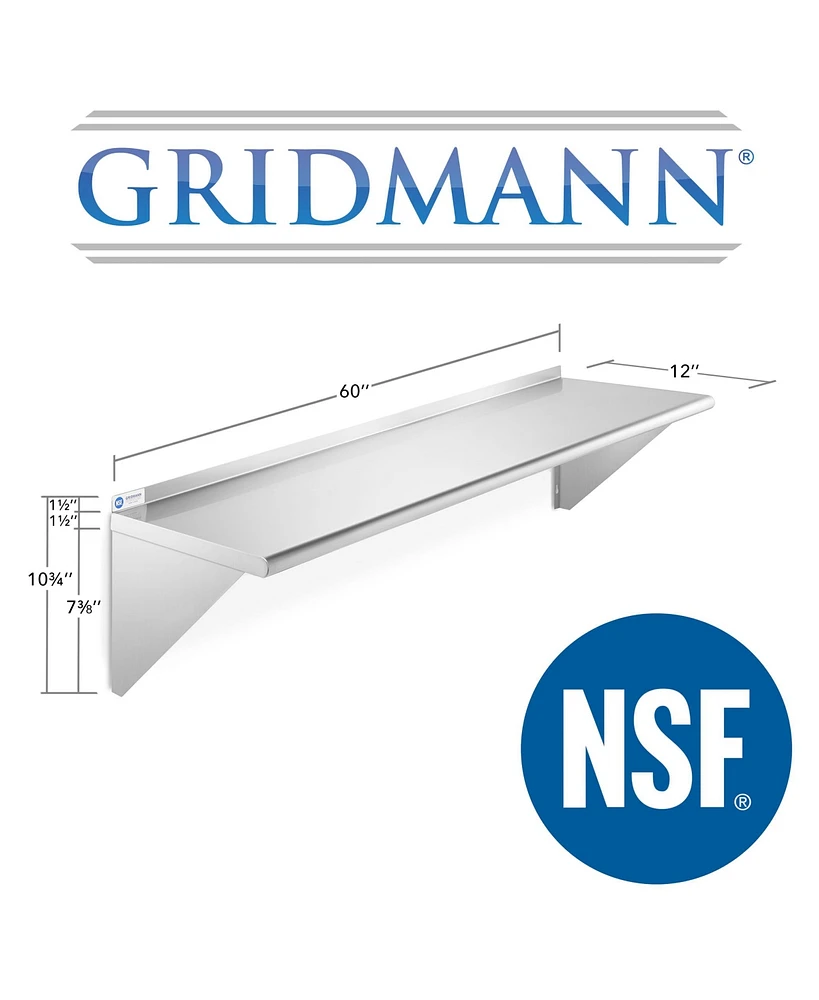 Gridmann 12" x 60" Nsf Stainless Steel Kitchen Wall Mount Shelf w/ Backsplash