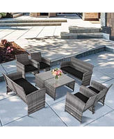 Gymax 8PCS Patio Outdoor Rattan Conversation Furniture Set w/ Black Cushion