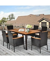 Gymax 7PCS Rattan Outdoor Dining Set Patio Furniture Set w/ Cushions Umbrella Hole