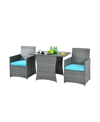 Gymax 3PCS Outdoor Rattan Conversation Set Patio Dining Table Set w/ Turquoise Cushions