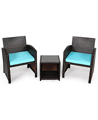 Gymax 3PCS Rattan Patio Conversation Furniture Set Yard Outdoor w/ Turquoise Cushions