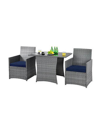 Gymax 3PCS Outdoor Rattan Conversation Set Patio Dining Table Set w/ Navy Cushions