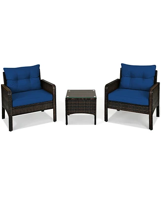 Gymax 3PCS Rattan Patio Conversation Furniture Set Yard Outdoor w/ Navy Cushions