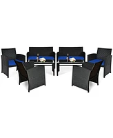 Gymax 8PCS Rattan Outdoor Conversation Set Patio Furniture Set w/ Navy Cushions